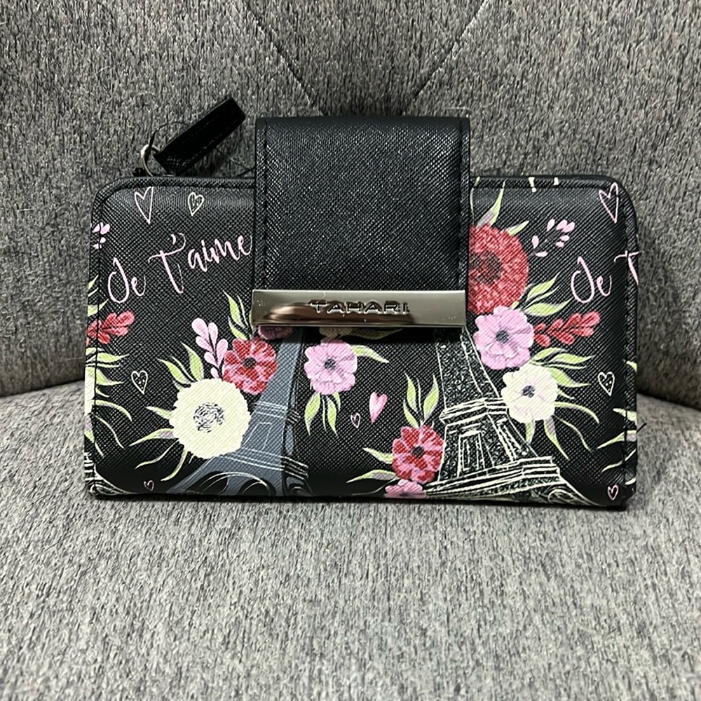 NWT Tahari Black Paris RFID Vegan Leather Wallet
